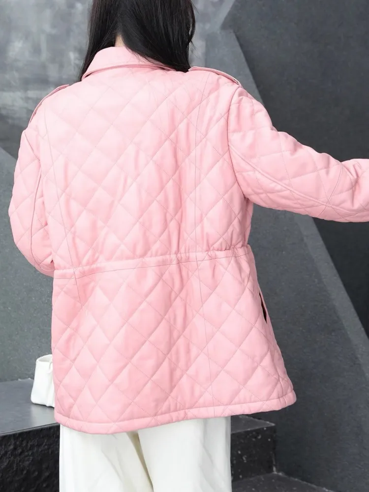 เสื้อแจ็คเก็ตหนังแท้สำหรับผู้หญิง สไตล์ลำลอง ปกพับได้ แขนยาว ทรงหลวม ผ้าหนังแกะ เหมาะสำหรับฤดูหนาว