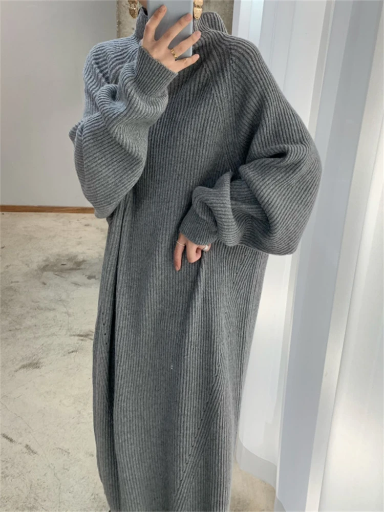 Kobiety sukienka sweter kobiety sukienka grube zimowa, jesienna z długim rękawem sukienki z dzianiny golf czarny z dzianiny Maxi Vintage Oversize