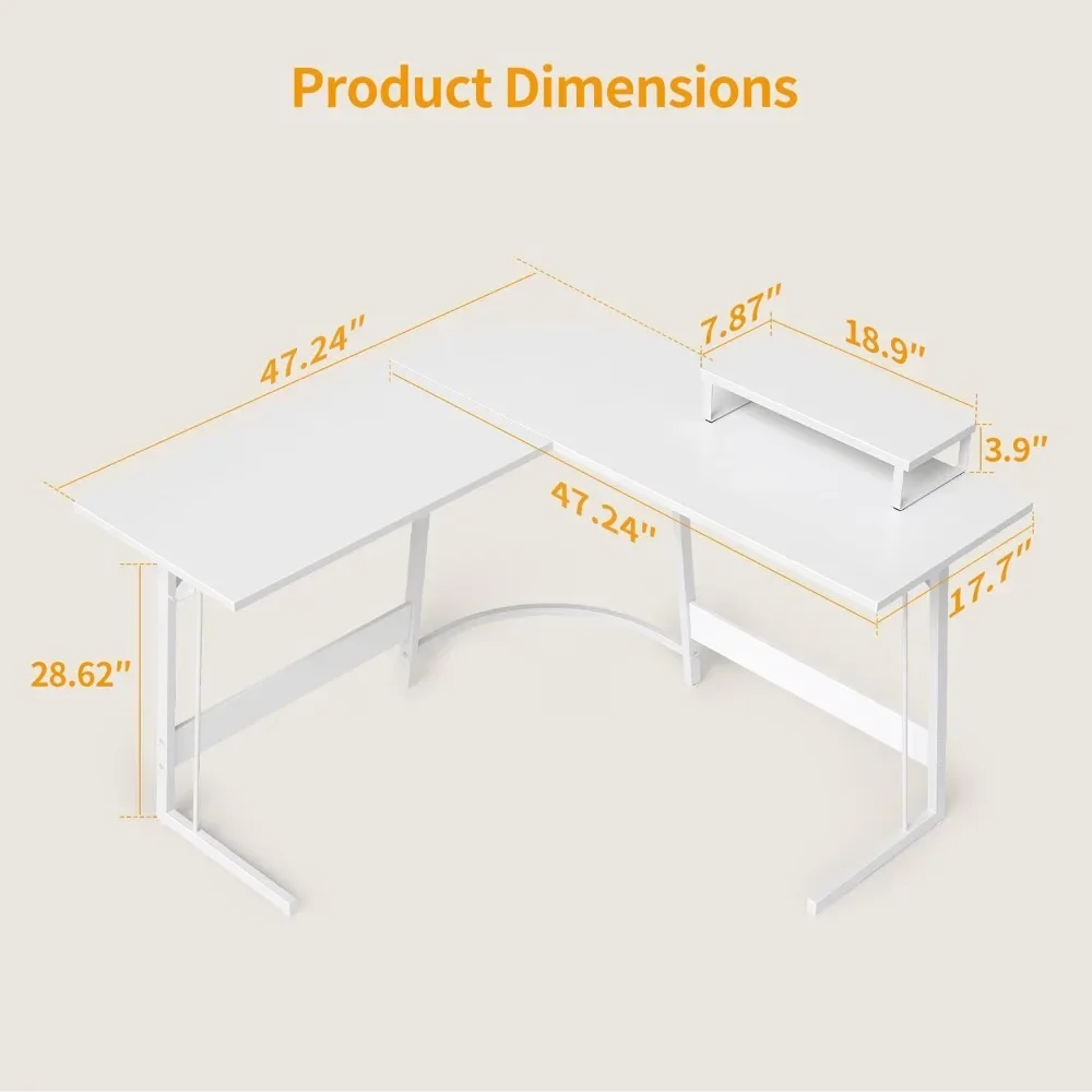 L Shaped Gaming Desk Computer Office Desk, 47 inch Corner Desk with Large Monitor Stand for Home Office Study Writing