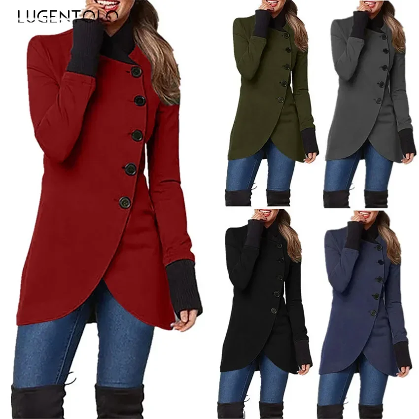 

Lugentolo Autumn Jackets Women Long Sleeve Solid Single-breasted Splicing Hem Split Fork Slim Female Casual Lapel Coat