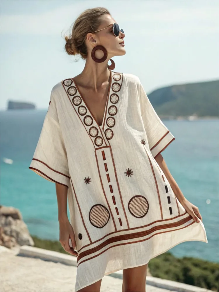 

Women Fashion Summer Dress Minimalist V-neck Up Dress Woman's White Short Sleeved Casual Loose Dresses Women Print Mini Dress