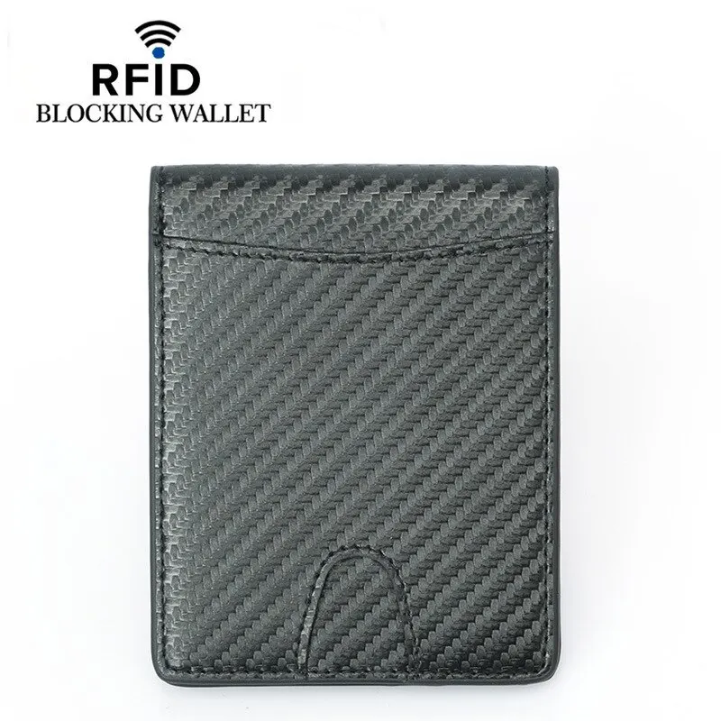 Men Black Short Wallet Solid Color Carbon Fiber Stripe RFID Anti-theft Brush Waterproof Portable Practical Small Wallet