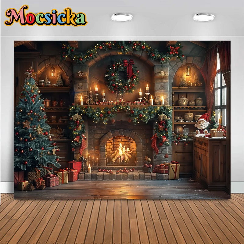 Christmas Wooden House Photography Background Fireplace Christmas Tree Backdrop Decoration Baby Shooting Props Fond Photo Studio