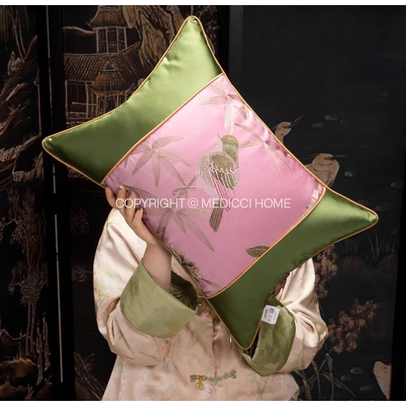 Medicci Home Luxury Full Embroidery Flower Sparrow Bird Waist Pillow Cover Chinese Style Dacoration Cushion Case 35x50cm 40x60cm