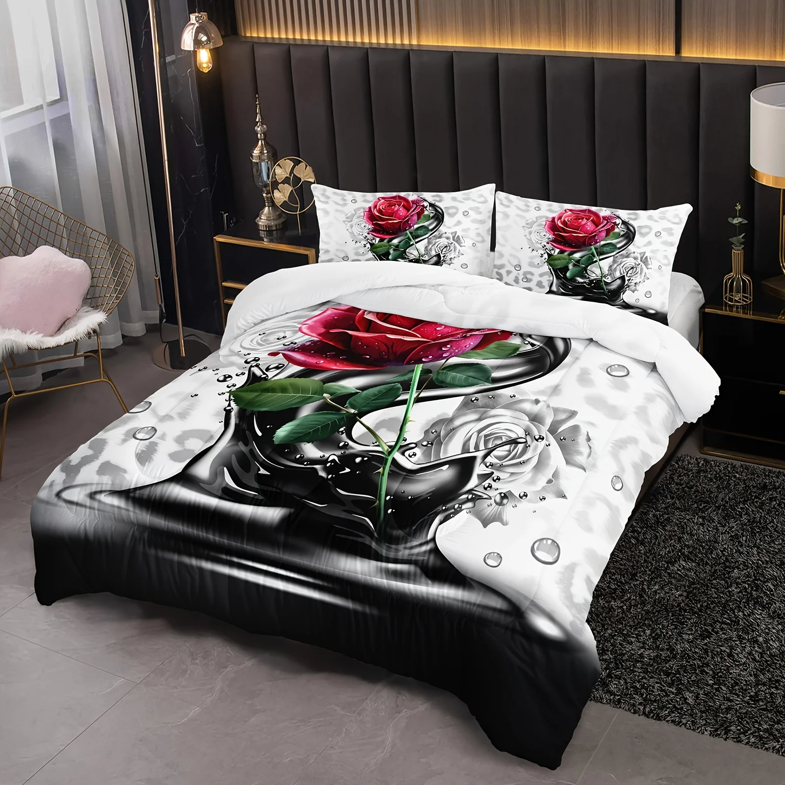 3D Red Rose Comforter Set For Women Leopard Bedding Set For Couple Adults Blossom Flowers Quilt Set Chic Romantic Elegant Floral