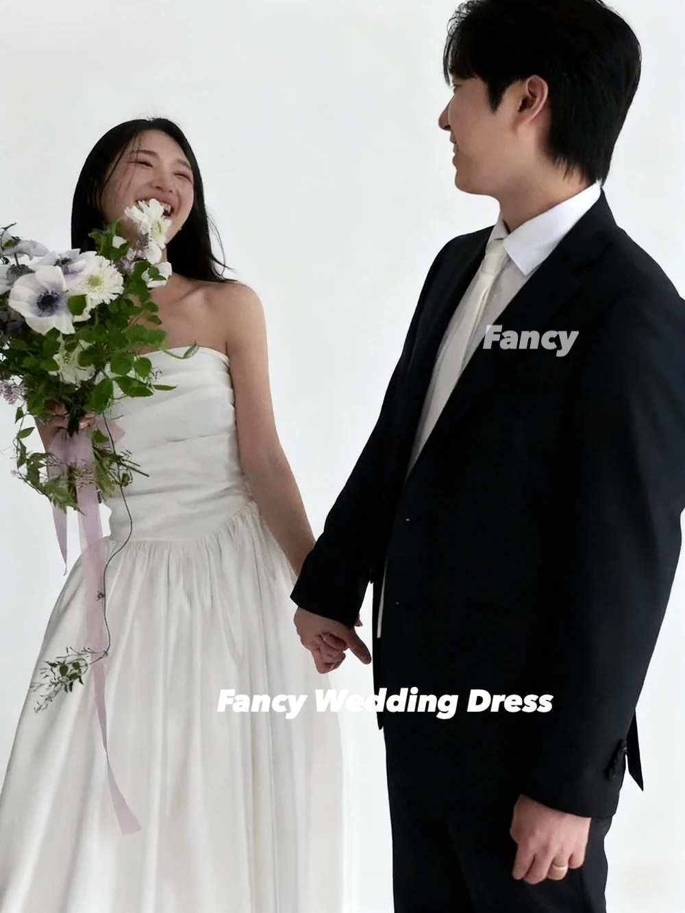 Fancy Customized Strapless Korea Wedding Dress A Line Soft Satin Evening Party Dresses Sleeveless Back Corset 웨딩드레스