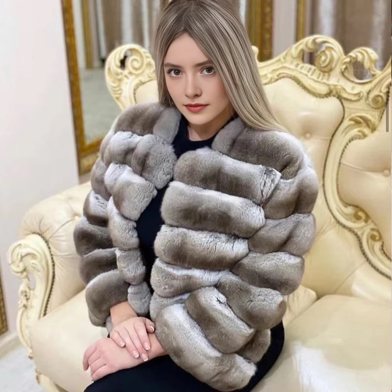 

Women Winter Jacket Short Rex Rabbit Fur Coat With Stand Collar Natural Rabbit Fur Coat High Quality Warm Clothing