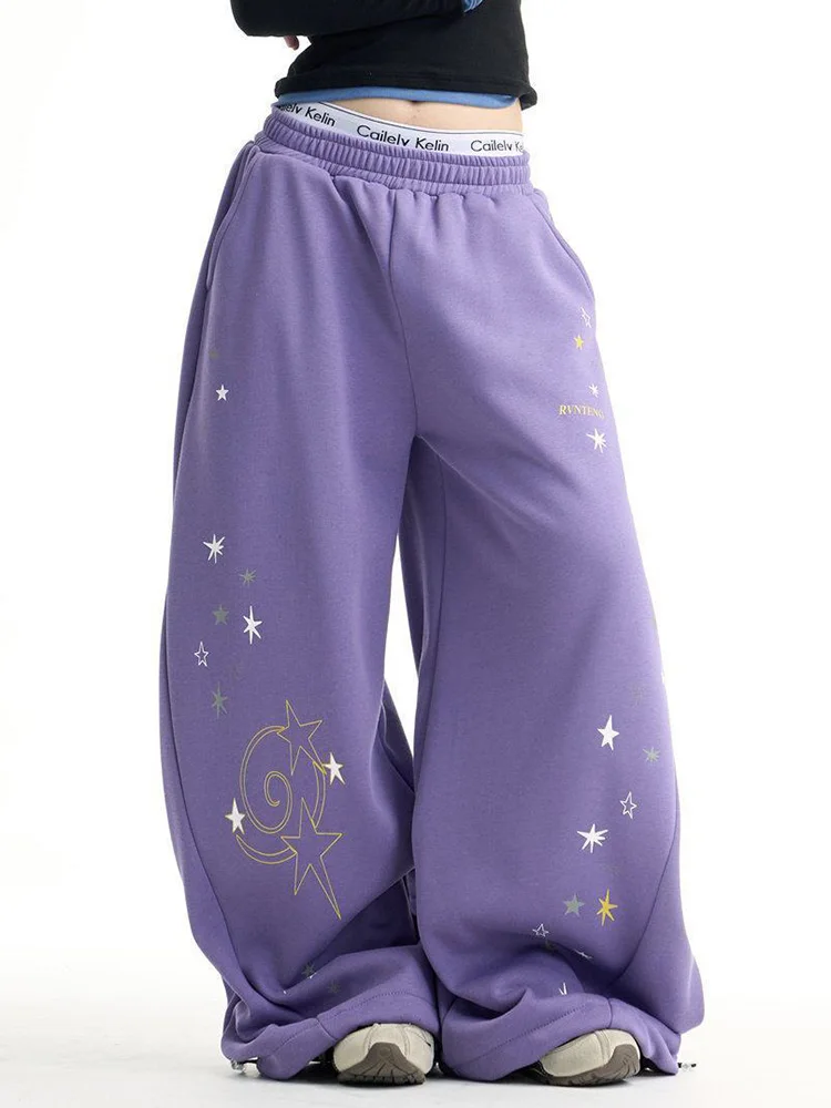 Y2K American Stars Print Wide Leg Pants Women Spring Streetwear High Waist Hip Hop Trousers Harajuku Casual Purple Pant New
