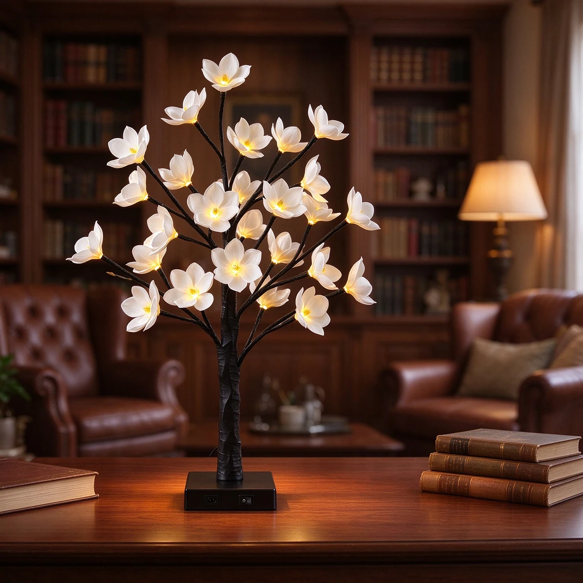 LED White Magnolia Bonsai Tree Lamp, Warm Tabletop Night Light, Adjustable Branches, USB & Battery Powered, Bedroom Wedding