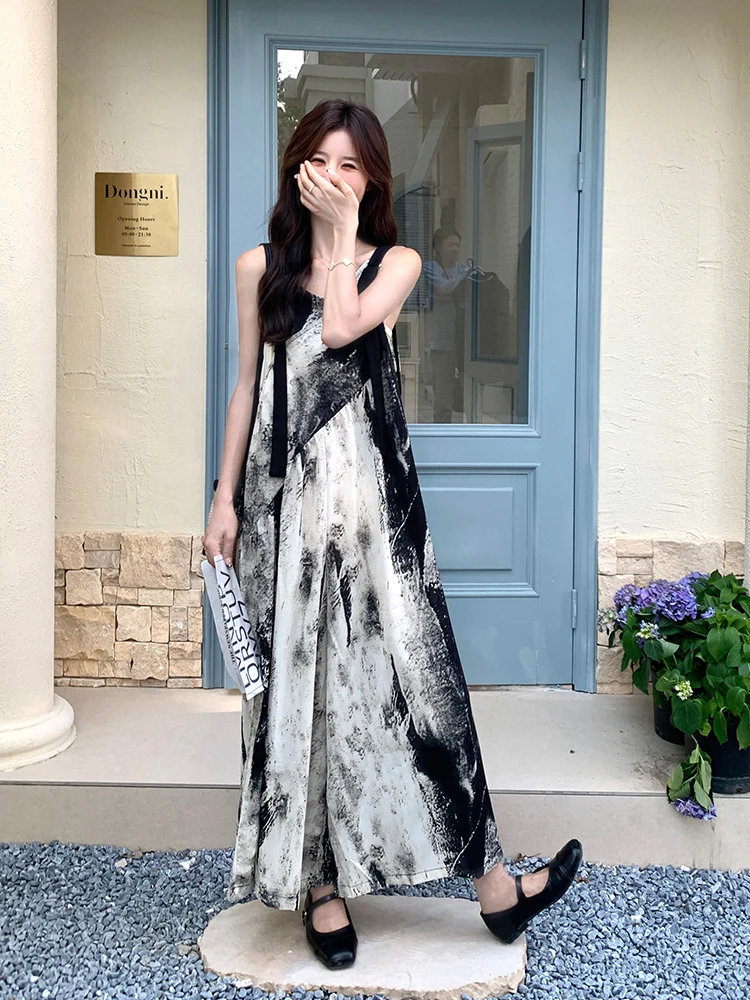 Conjunto de camiseta y mono de pierna ancha con tinte a base de agua para mujer, traje informal de una pieza con pantalones largos de cintura alta, verano 2025