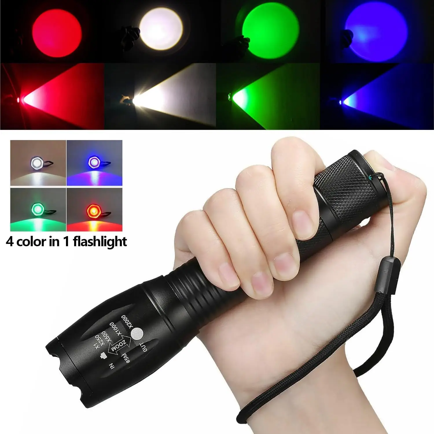 Multi-Color Rechargeable Flashlight 4 Color in 1 LED White Blue Green Red Lights Flashlights 4 Modes Zoom Waterproof LED Torch