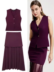 HH Female Elegant Knitted Skirt Sets 2024 V-neck With Buttons Vest Top+A-Line Patchwork Pleats Skirt Trendy Solid Outfit