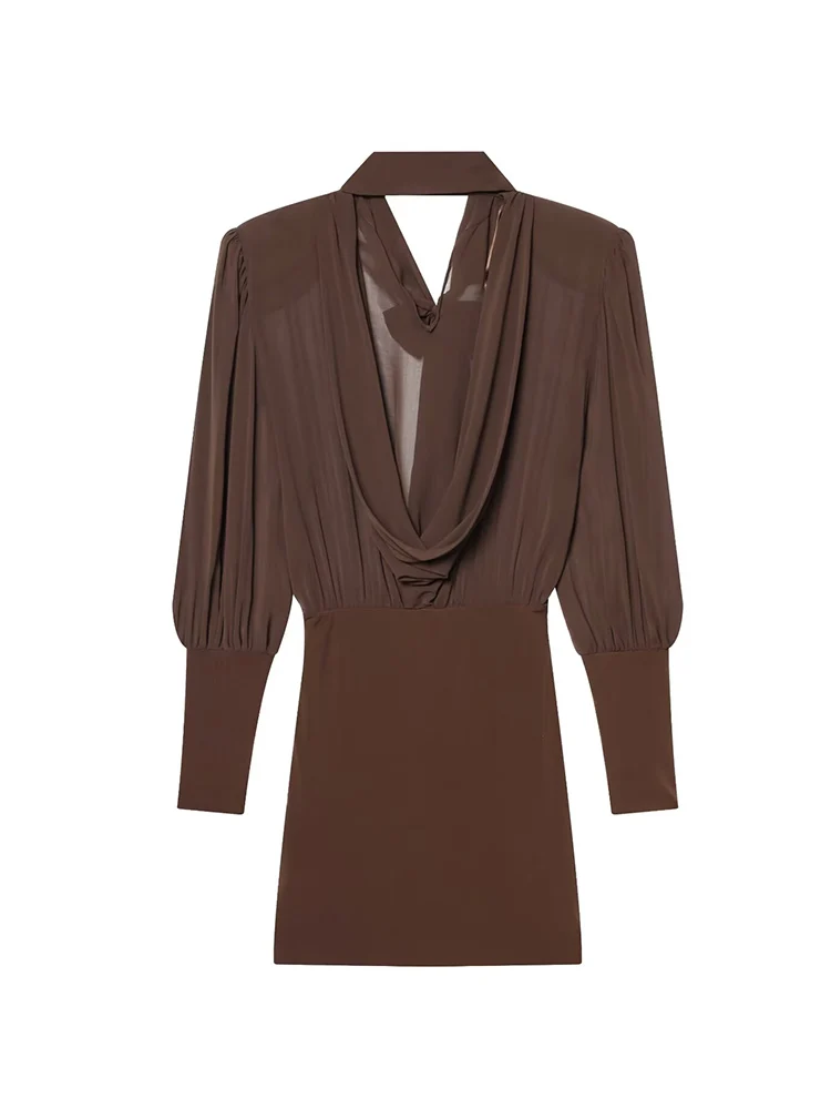 Women Chic Shoulder Pads Dress Fashion High Street Bow Lace Up Collar Full Sleeve Slim Pleated Mini Dresses Lady 2026 New