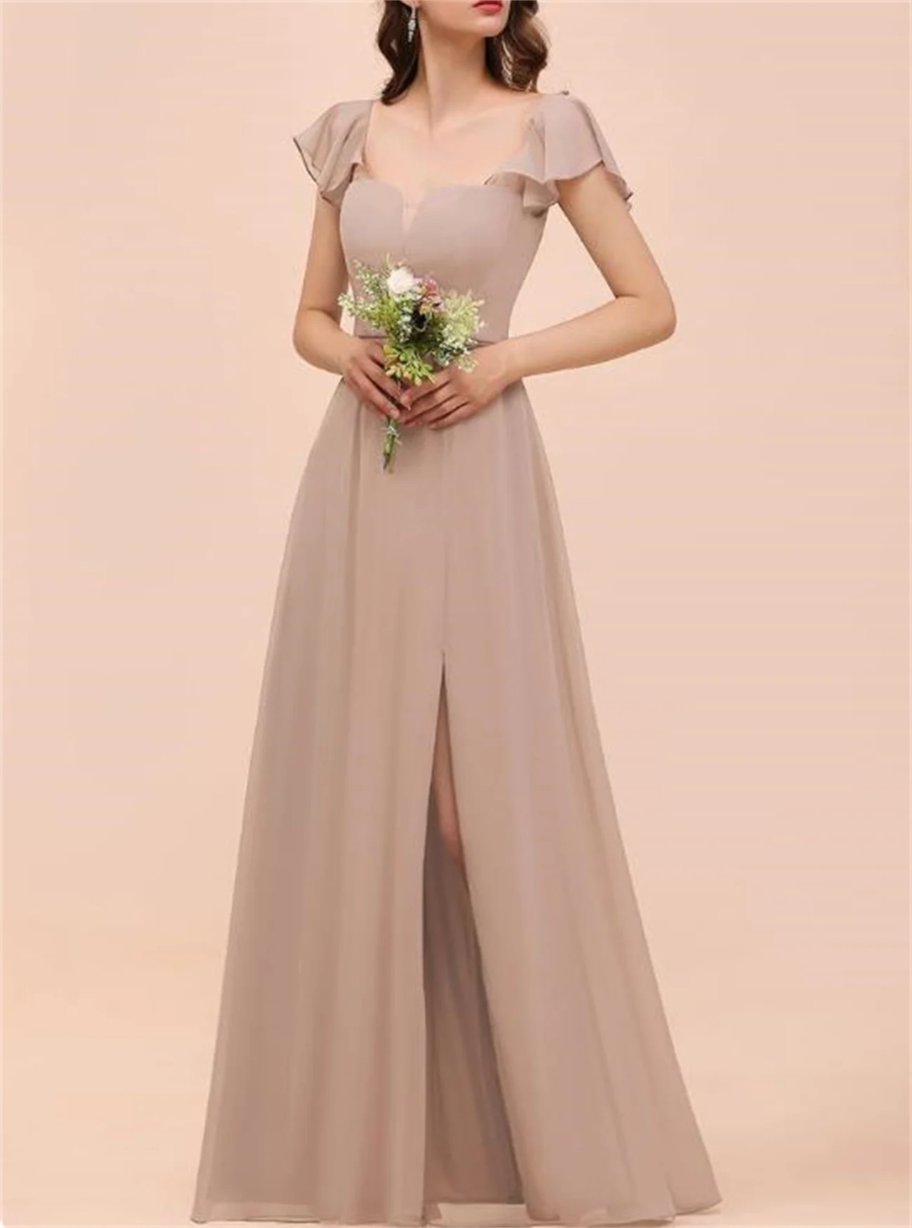 A Line Champagne Bridesmaid Dress Short Sleeves Square Neck Simple Chiffon Evening Gown Elegant Backless Beach Wedding Guests