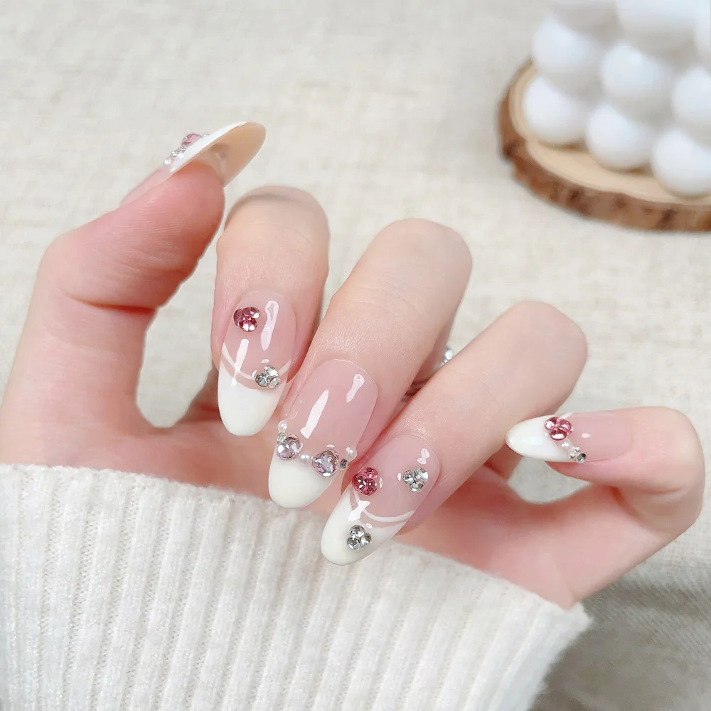 10pcs Medium Oval Handmade Press On Nails Kit, White & Pink Fake Nails, Elegant Wearable Nail Art, Sparkling My Princess