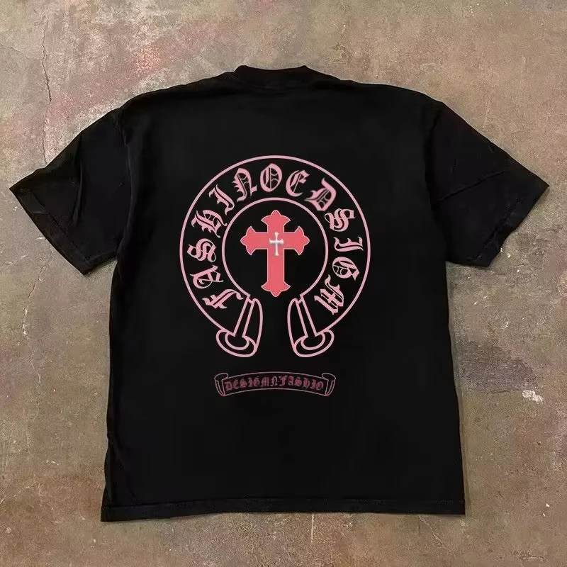 2026 Men Gothic Cross Horseshoe Graphic T-shirt Back Print Crew Neck Cotton Short Sleeve Streetwear Tops