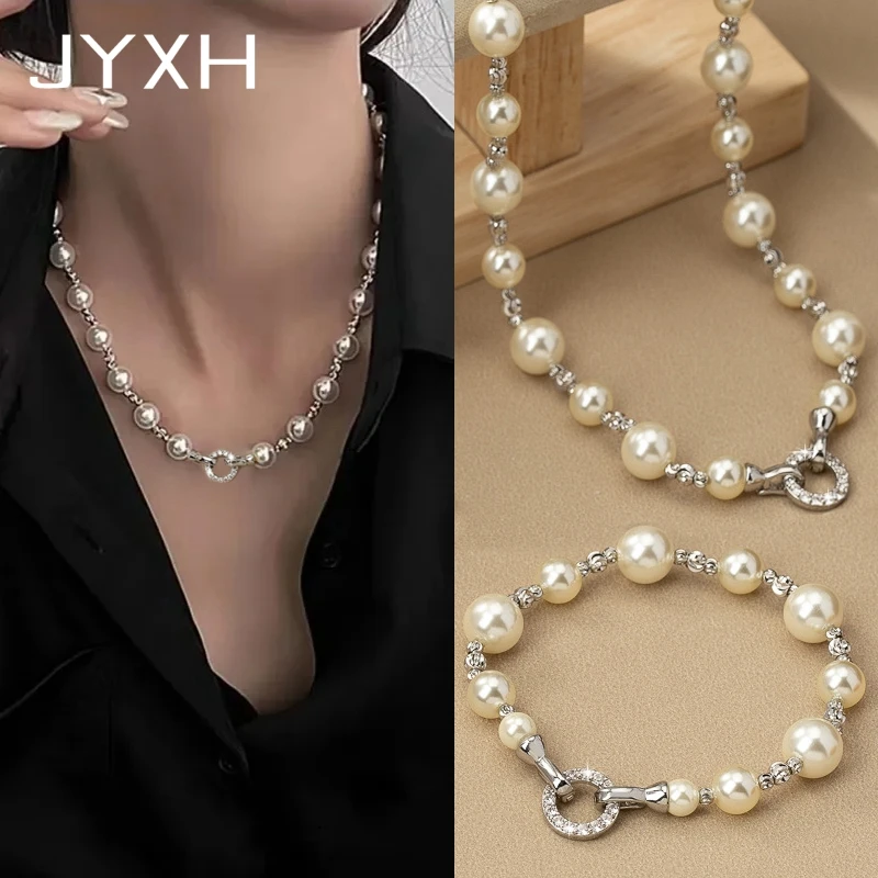 JYXH Elegant Offic Pearl Chokers Necklaces Bracelet Sets For Women Party Wedding Fashion Trendy Cubic Zirconia Jewelry Gifts