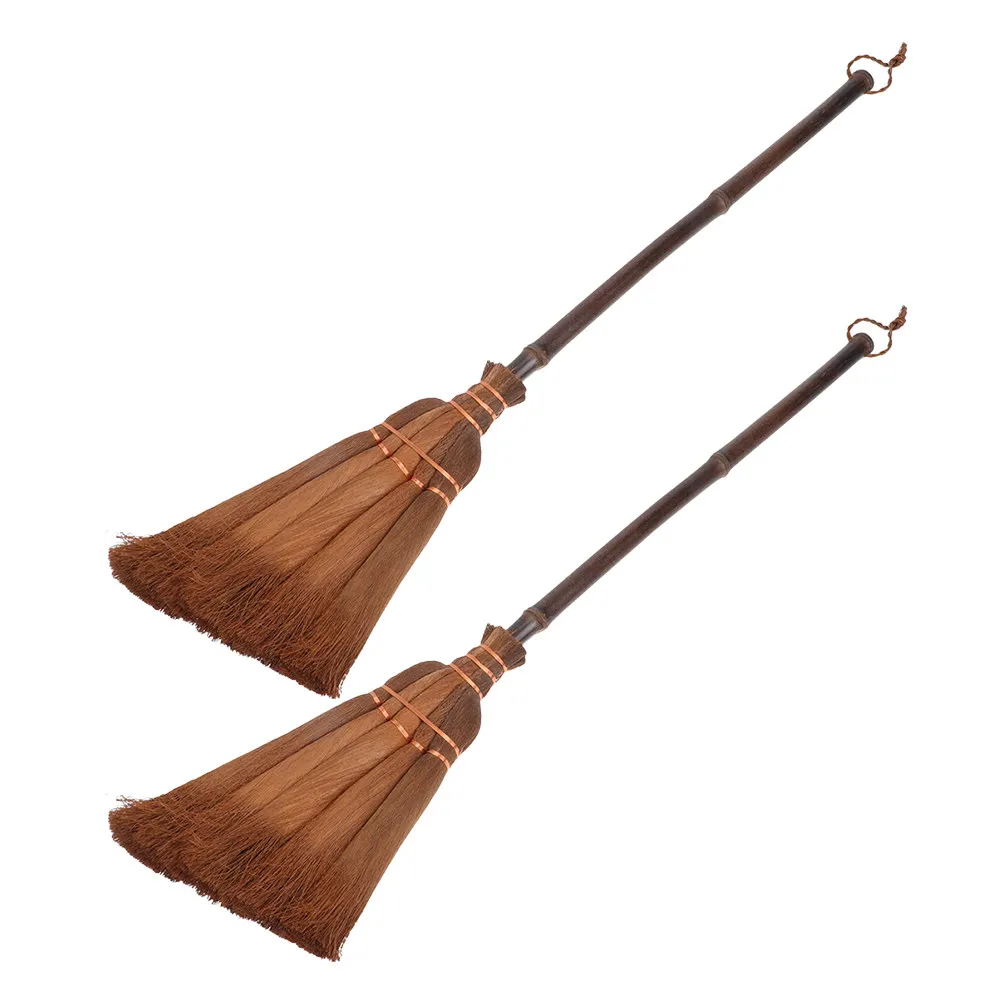 2Pcs Broom Set Natural Straw Mini Broom Soft Palm Fibers Size Easy Hold Handle for Indoor Outdoor Sweeping Home