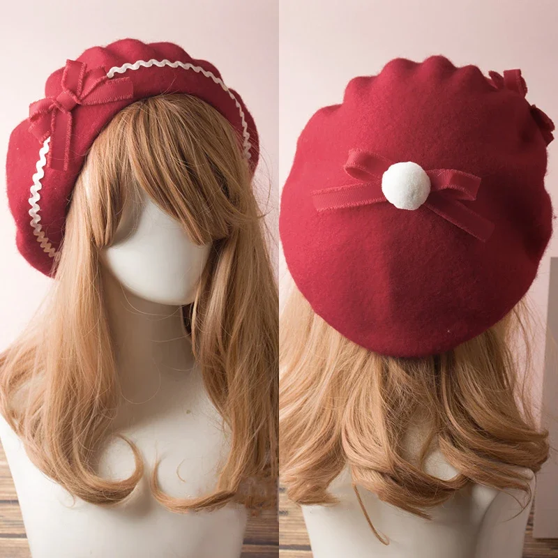 Handmade Women Wool Felt Beret Lolita Girls Cute Hat With Raised Bowknot Painter Beanie Cap