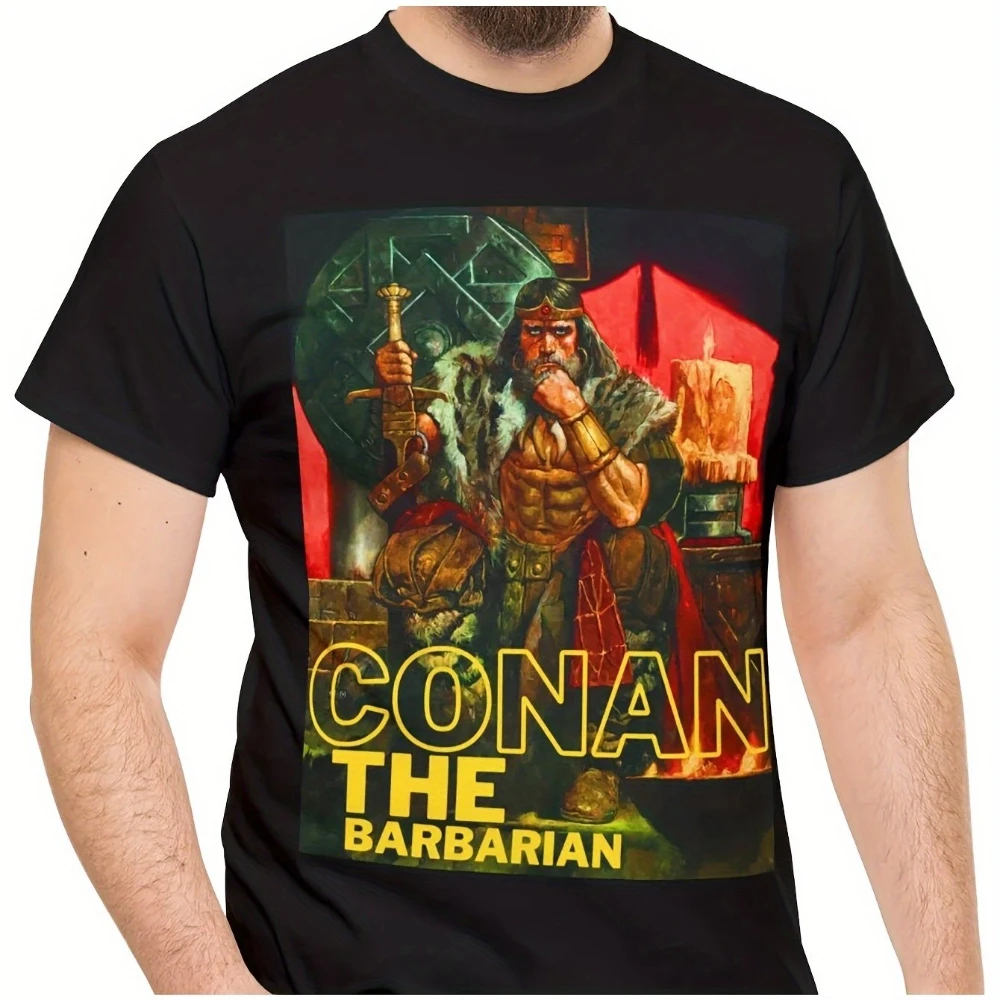 Conan Barbarian Retro Graphic T-Shirt Conan Holding and Word Barbarian Black Retro Conan Movie T-Shirt Heavy Metal Fantasy Style