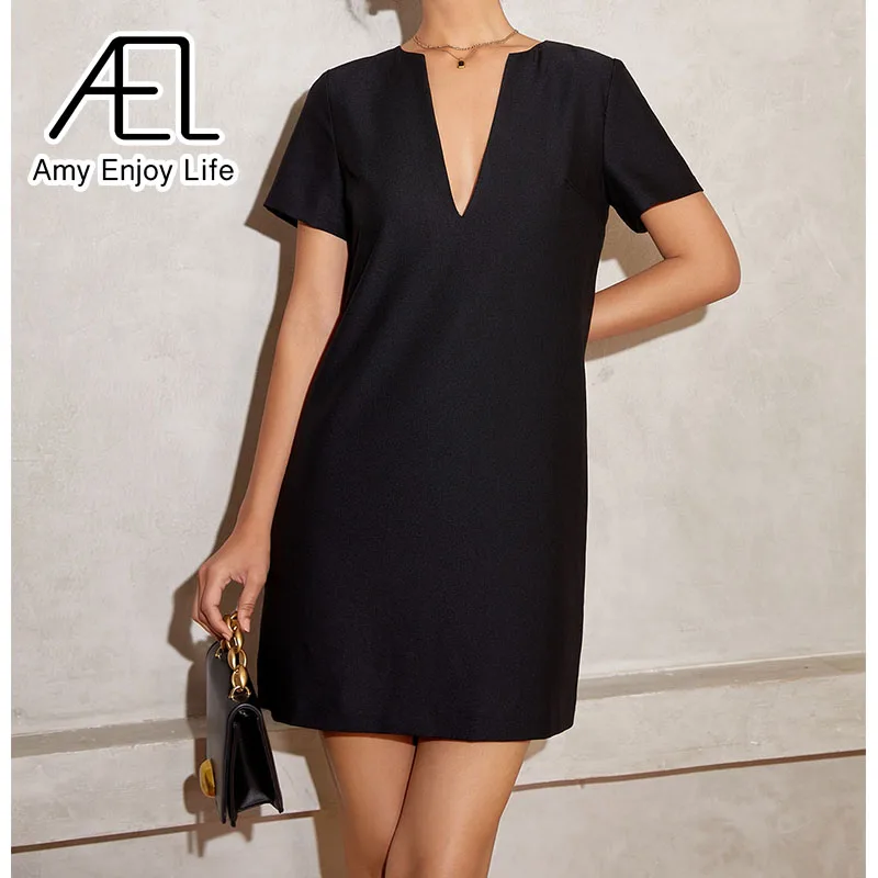 AEL Women's Mini Dress Woman New Summer/Autumn Fashion Sexy Solid Keyhole Back Notched Neckline Short Sleeve Dress