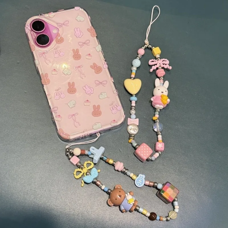 Kawaii Miffy & Boris Bear Hanging DIY Beaded Cartoon Decor Detachable Lanyard CCd Camera Pouch & Bag Charm for Travel