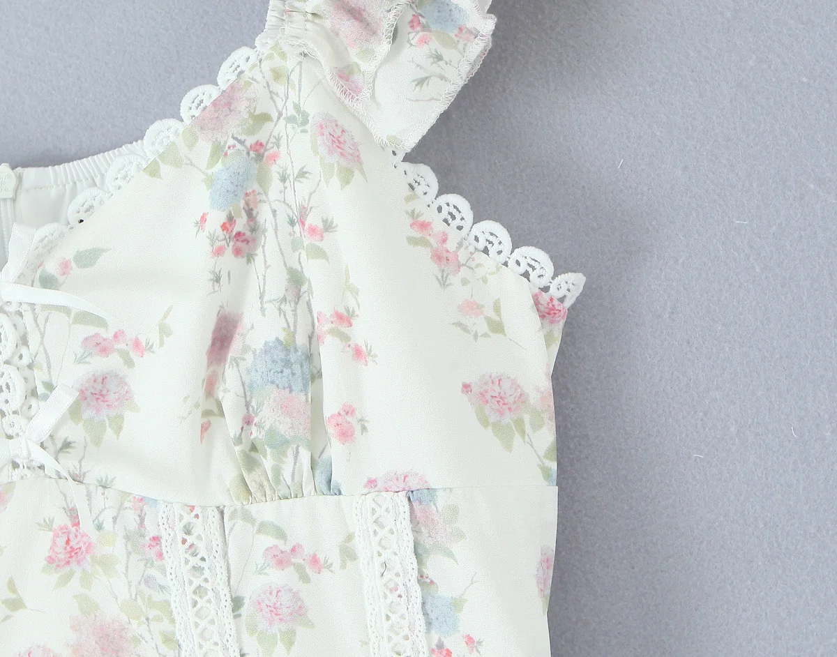 Robe débardeur en dentelle épissée, imprimé Floral, Sexy, col en V, bretelles à volants, oreilles en bois, taille basse, robes courtes, Robe trapèze doublée