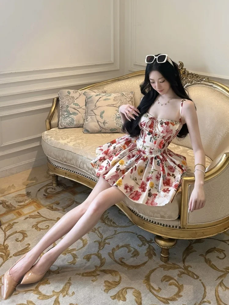 

Umei STAZF7 plus Size Floral Print Halter Short A-Line Skirt Women Summer Vintage Holiday Waist Cinched High Waist Skirt