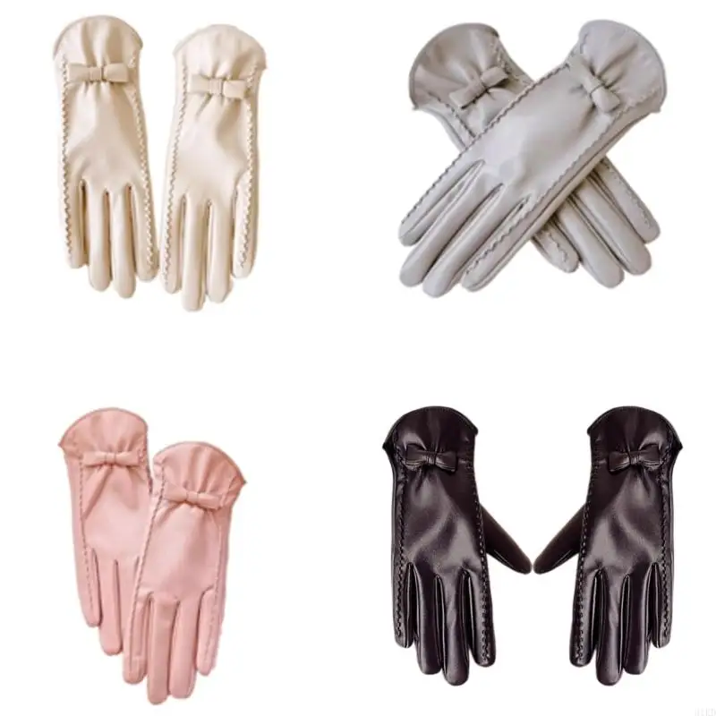 31KD Stylish Bowknot Gloves Warm Fleece Lined PU Leather Gloves For Women Winter Wear