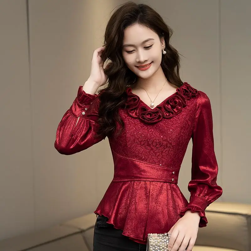 

Designer Red V-Neck Blouse Statement Silky Shirt for Spring Elevated Essential with Chic Detail