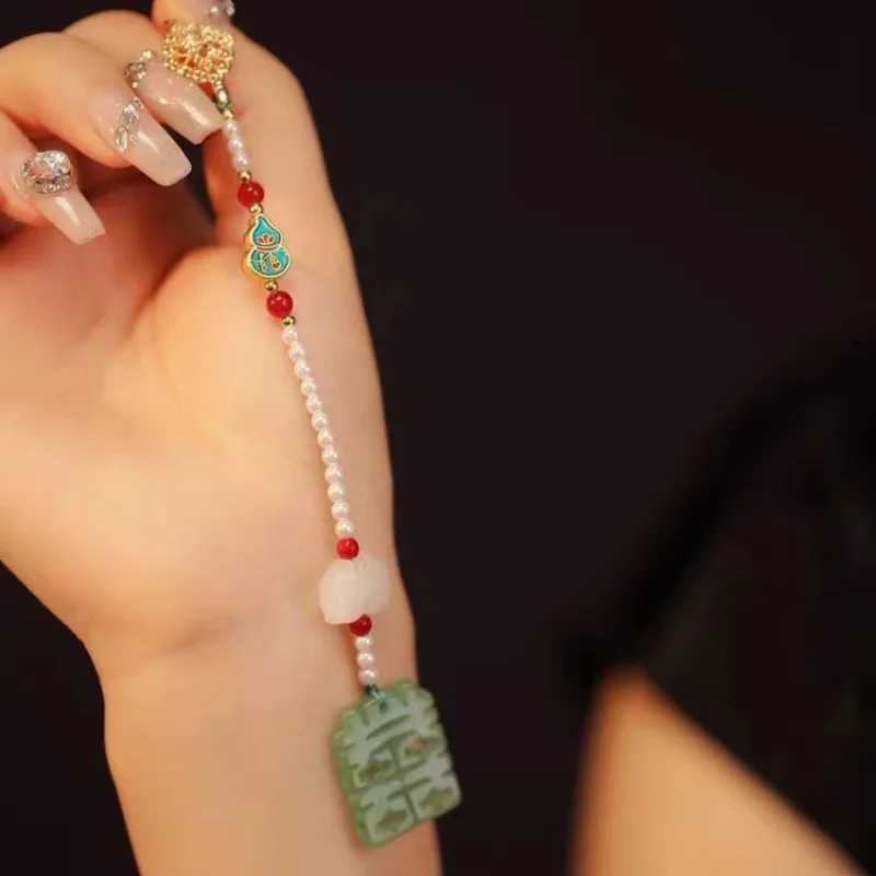 

Natural Hotan Jade classical tassel brooches for women retro pearl Chinese style long pendant cheongsam wedding jewelry