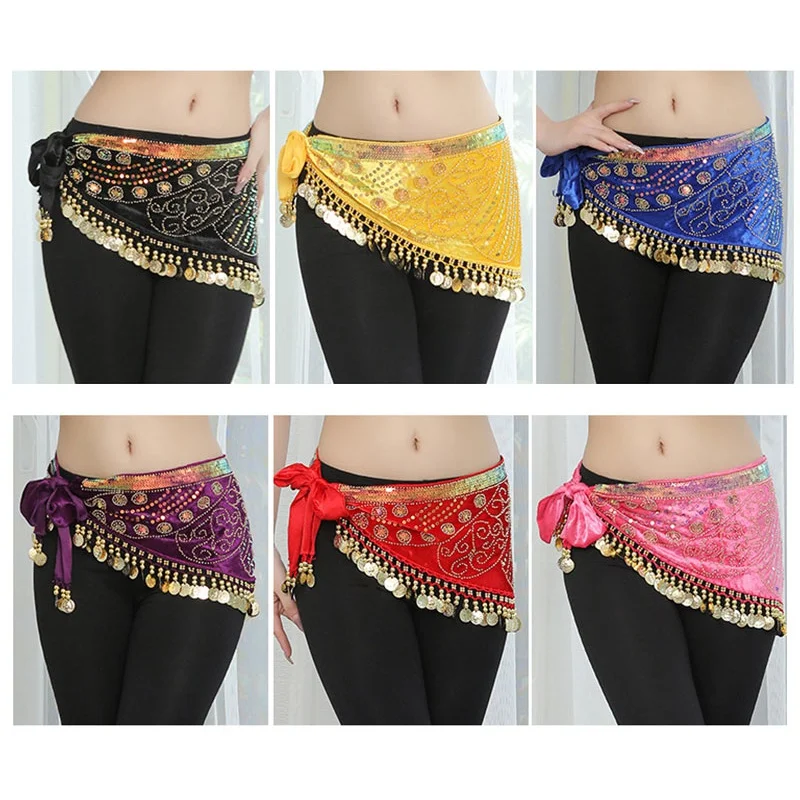 Adult Sequins Coins Tassel Belly Dance Belt Skirts Lady Rave Carnival Stage Performance Hip Scarf Costume Towel Wrap Dancewear