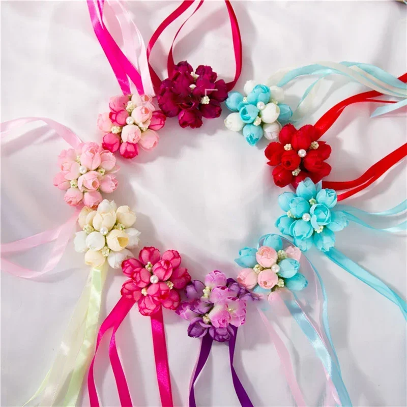 1PC Wedding Wrist Flowers Rose Wrist Corsages Party Dance Hand Flower Bridesmaid Silk Flower Bracelet for Wedding Accessories