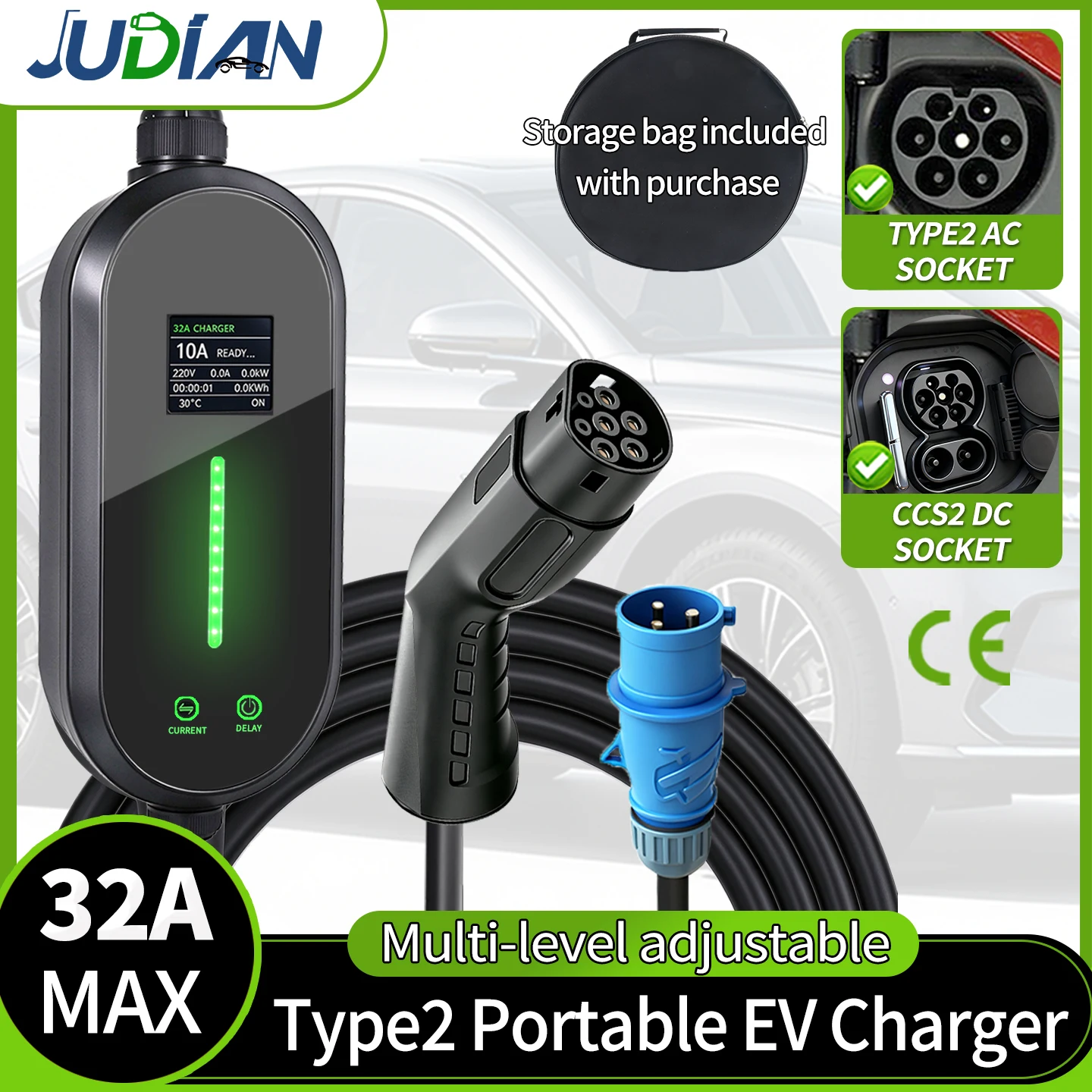 Portable Ev Charger 32A Type 2 Cee Plug - Портативное зарядное устройство для электромобилей мощностью