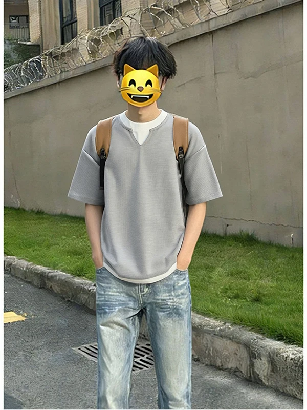 

Мужская футболка с коротким рукавом в корейском стиле, с V-образным вырезом, многослойная, дышащая, удобная, повседневная, модная, в уличном стиле