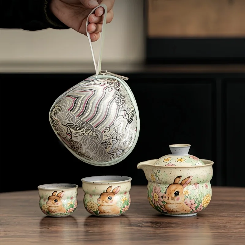 Cute Rabbit And Beautiful Flowers Ceramics Travel Tea Set Portable Outdoor KuaiKe 1Teapot 2Teacups KungFu Tea Set Tea Ceremony