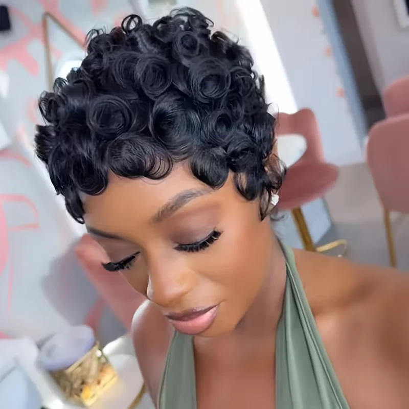Brazilian Virgin Human Hair Pixie Cut Wig for Women -Full Machine Made Short Curly Wave with Bangs, Natural Black Density Elastic Cap (200%) | Virgin Hair for Daily Use & Special Occasions | Short Hair Wigs with Natural Look,