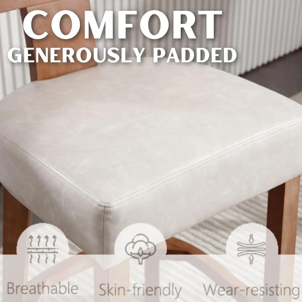 26”Rattan Bar Stools Set of 2 Counter Height Bar Stools Kitchen Counter Stools with Natural Rattan Woven Back,Leather Upholstere