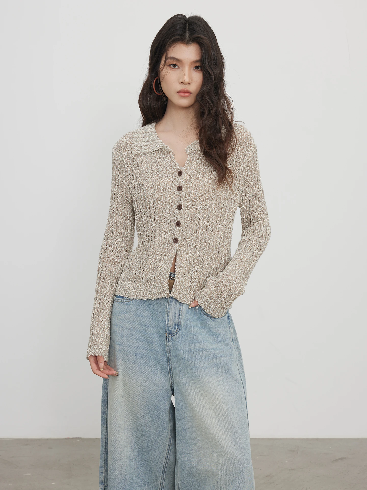 

KEARA Khaki Long Sleeve Knitted Cardigan Women's Spring Design Slim Fit Waist Cinched Open Front Top Korean Style Breathable