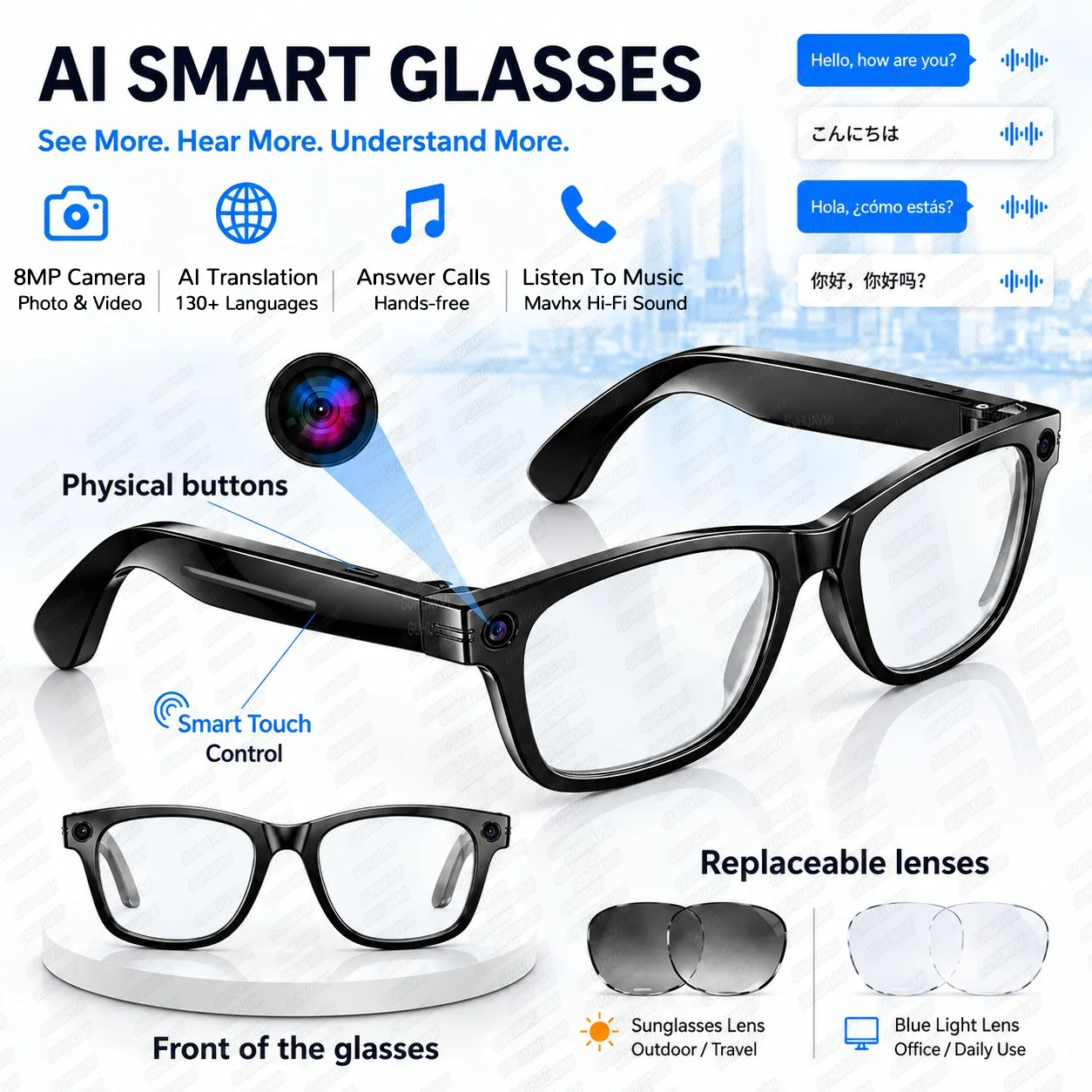 2026 TOP1 AI Smart Glasses 8MP Camera 4K POV Video 130+Language Translation Bluetooth Call Music Color Change Glasses Men Women