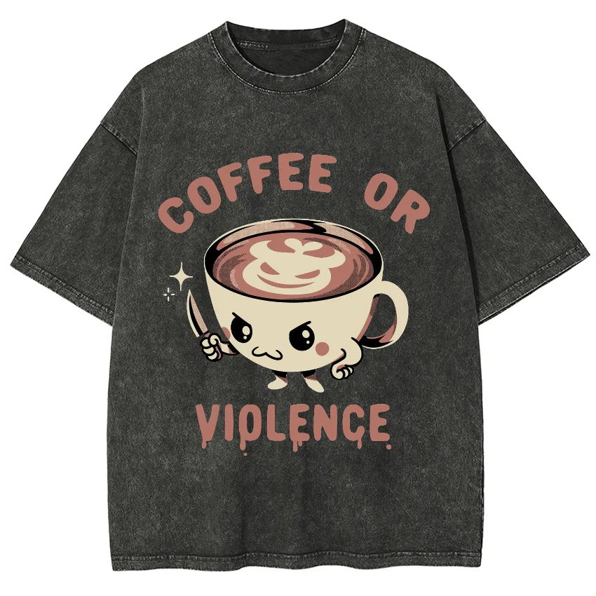 Cute Cartoon Coffee Cup Print Women's T-Shirt Imitation Denim Cotton Comfortable Loose Short Sleeve Casual Fashion Design Top