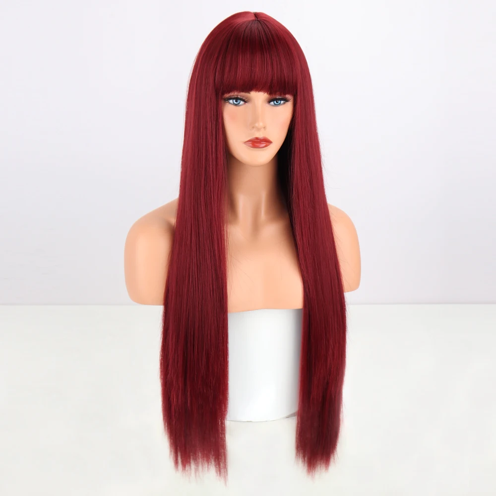 Long Wine Red Straight Synthetic Wig With Bangs for Black Women Party Cosplay Hair Wigs Heat Resistant