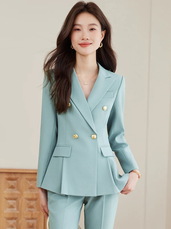 

Fashionable Light Blue Women's Suit Set Long Sleeve Commute Style Elegant Simple Design Polyester Fiber Full Lined Office Wear