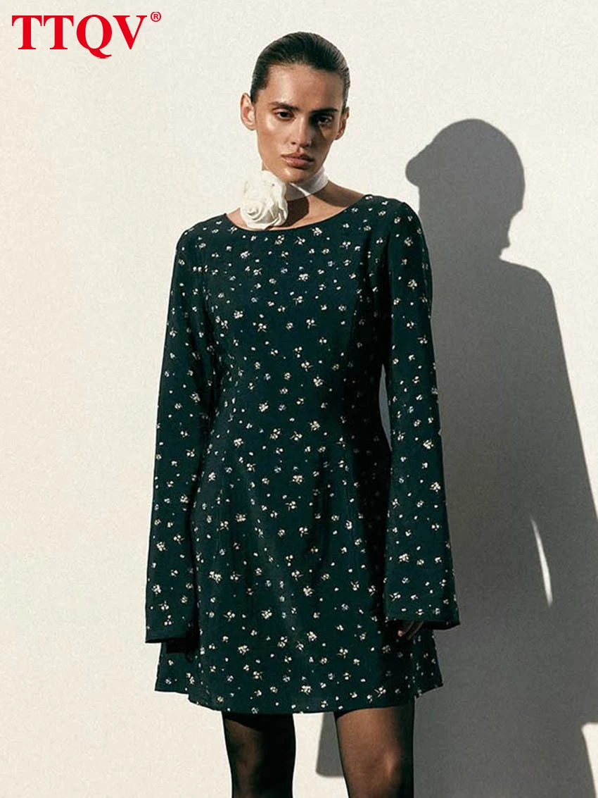 

TTQV Fashion Loose Print Women's Dress 2026 Spring O-Neck Long Sleeve Mini Dresses Elegant Classic Female Dress Streetwear