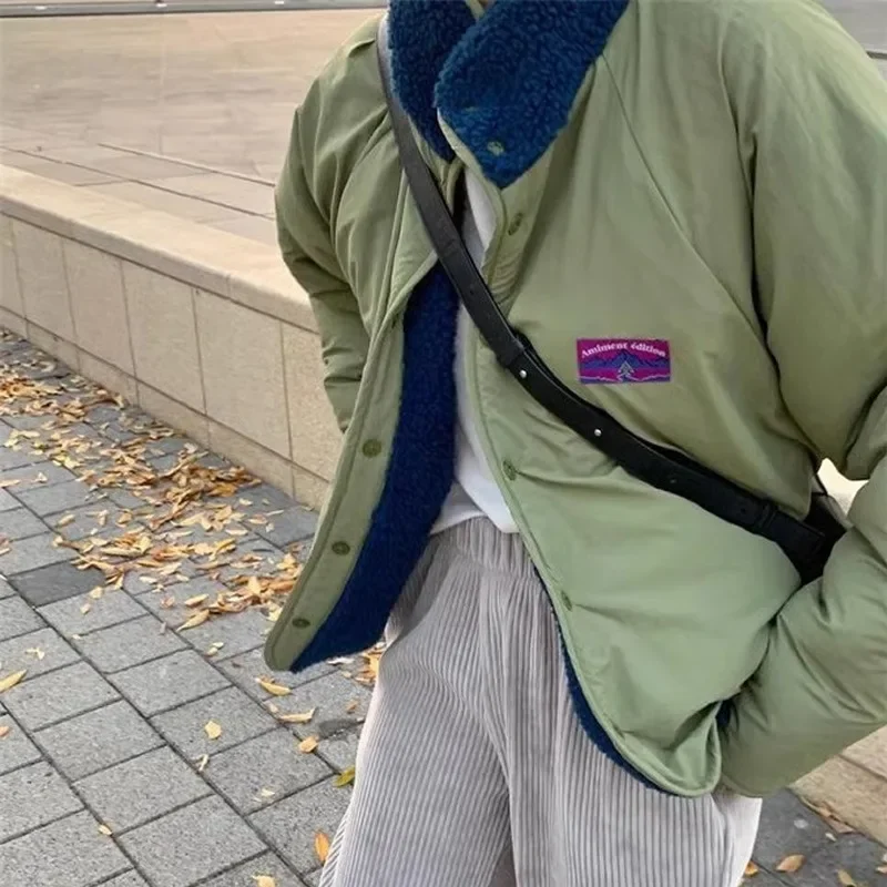 

Winter Stand Collar Thickened Warm Lamb Wool Jacket Women Reversible Windproof Casual Loose Spliced Pockets Single Breasted Coat