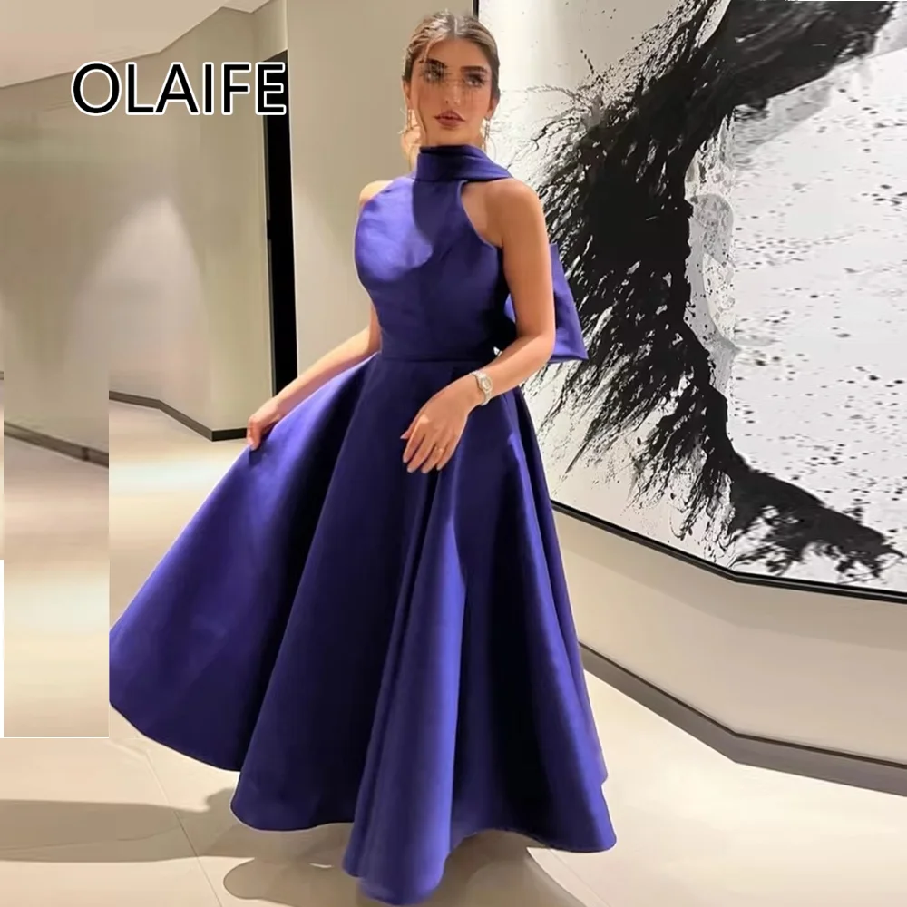 Damen Neckholder-Brautjungfernkleid aus Satin in A-Linie, rückenfrei, knöchellang, ärmellos, arabisches Abendkleid mit Schleife, individuell gestaltet