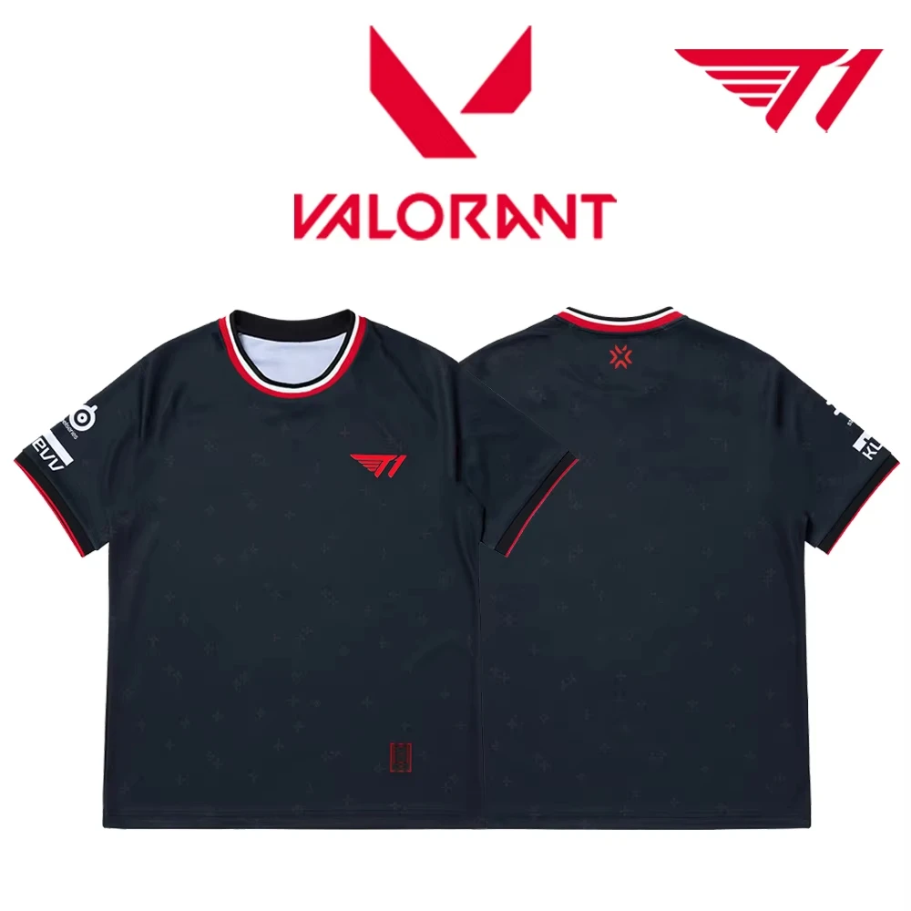

T1 x Valorant Esports Jersey – Black with Red Accents & Subtle Cross Pattern Team Tee, Ideal for Gaming Fans & Streetwear