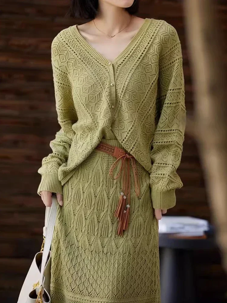 Autumn Elegant Sets for Women 2 Pieces Korean Fashion Slim High Waist Long Skirt Set Loose V-neck Knitted Cardigan Two-piece Set