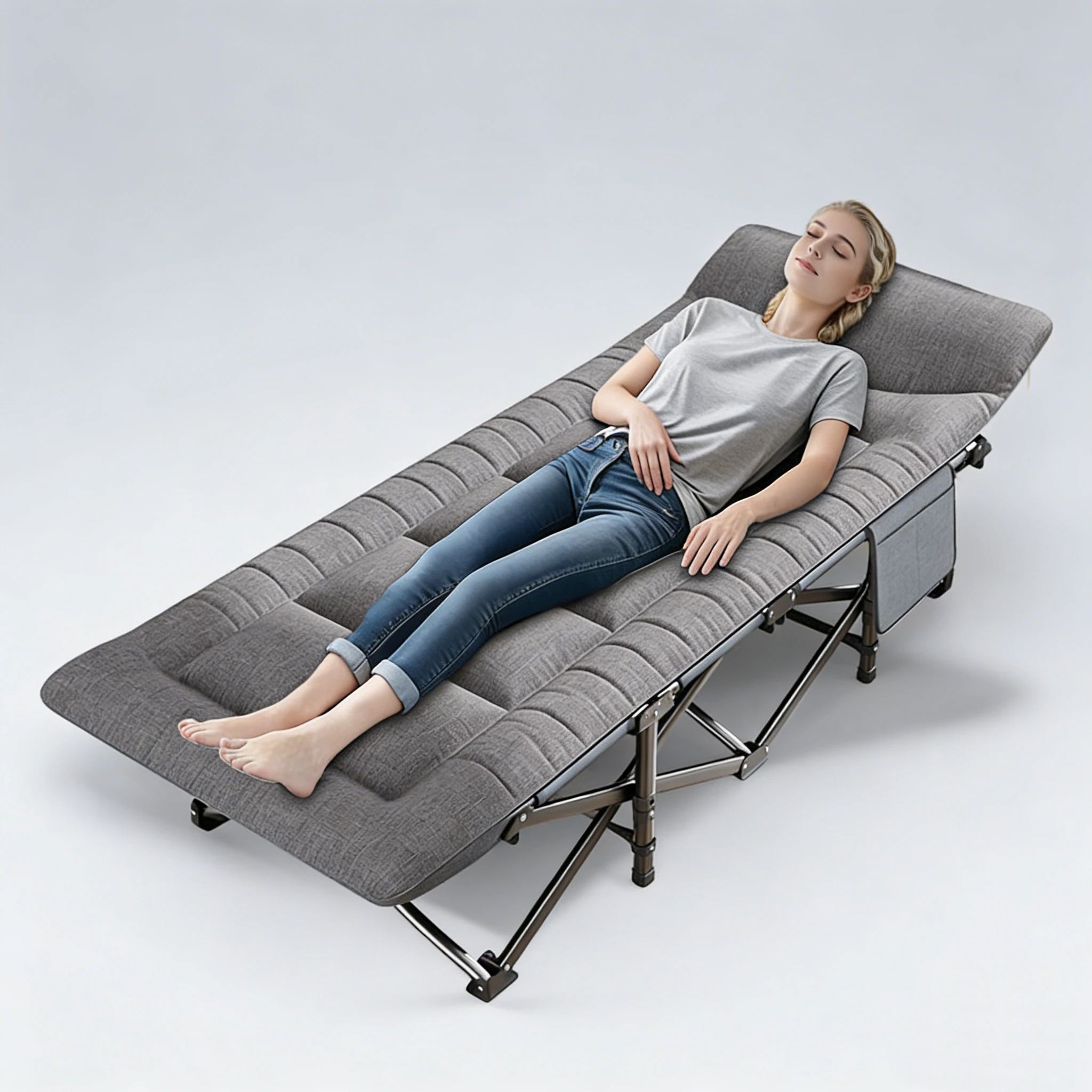 Weiches Baumwoll-Klappbett mit Seitentasche für Outdoor-Camping, Reisen, Wandern, Büro, Balkon, Sonnenbaden, Krankenhaus-Begleitung