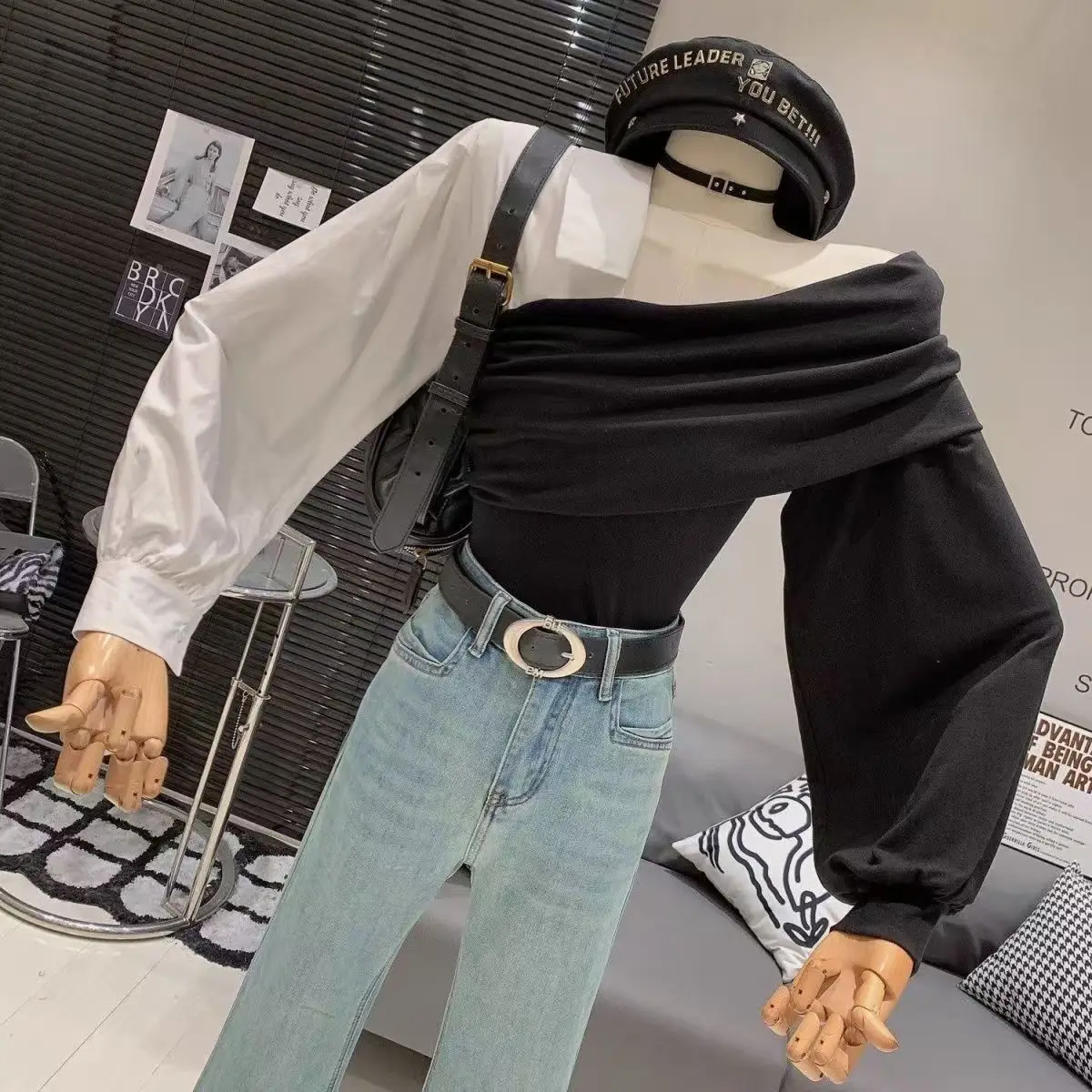 Camisas coreanas elegantes de manga larga con hombros descubiertos para mujer, Top informal de dos piezas falso ajustado con empalme Irregular de Color contrastante, verano 2025